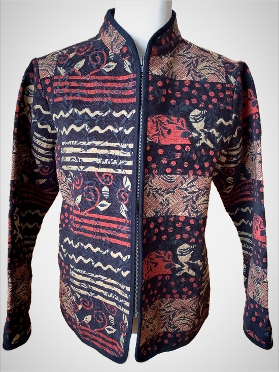 Vintage Jackets & Blazers - VINTAGE Tapestry Mixed Print Zip Front Jacket Boho Patchwork Motif M